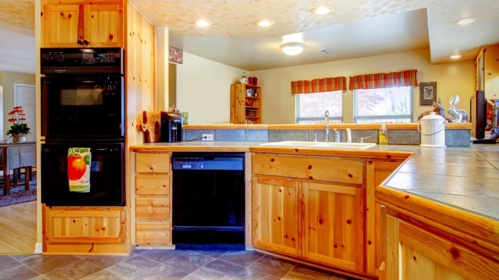 Natural wood kitchen cabinets