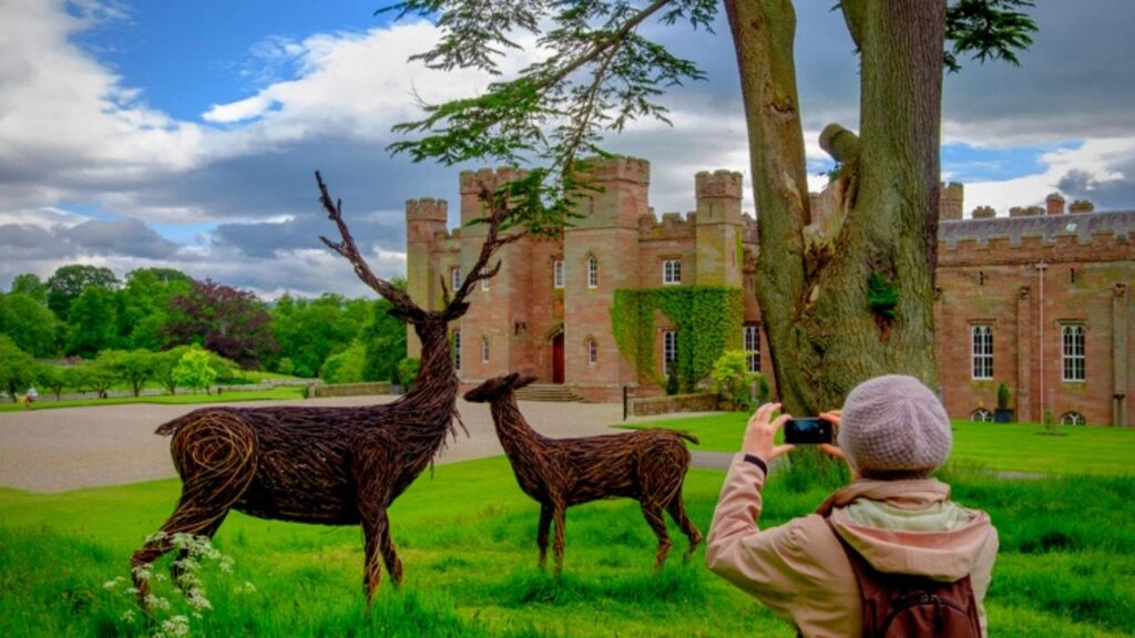 2 willow deer sculptures in castle grounds