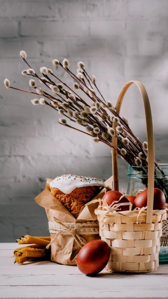 spring buds in basket against white wall