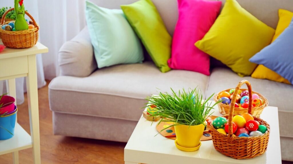 spring coloured cushions on neutral sofa