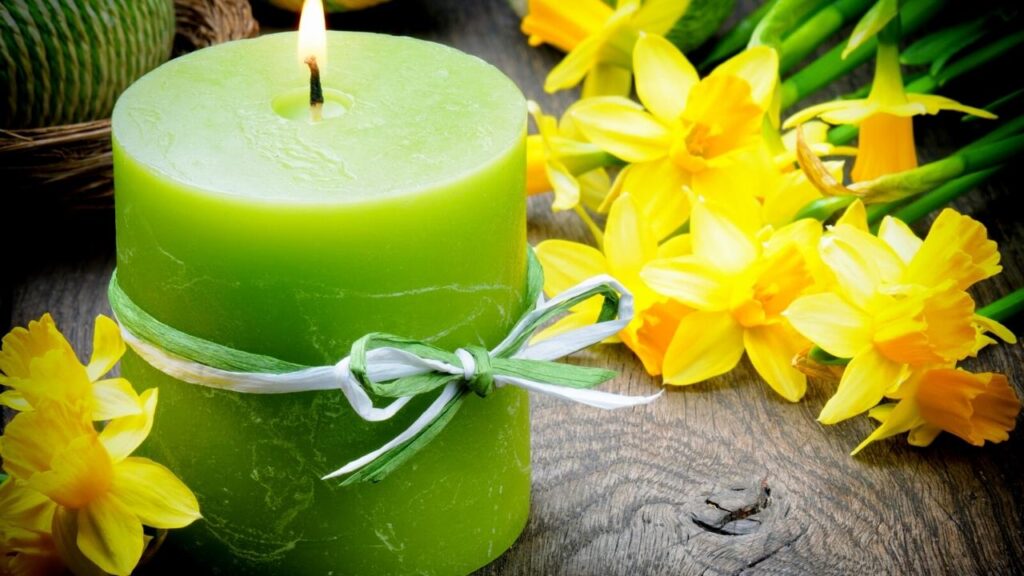 green scented candle burning beside picked daffodils
