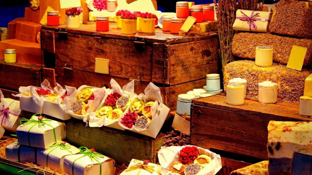 colourful bars of soap on market stall