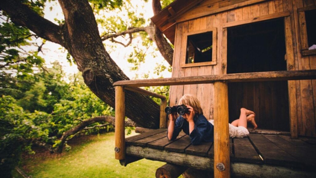 boy up in tree house looking through binoculars