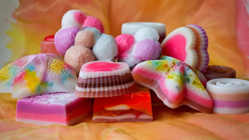 small pieces of brightly coloured handmade soaps