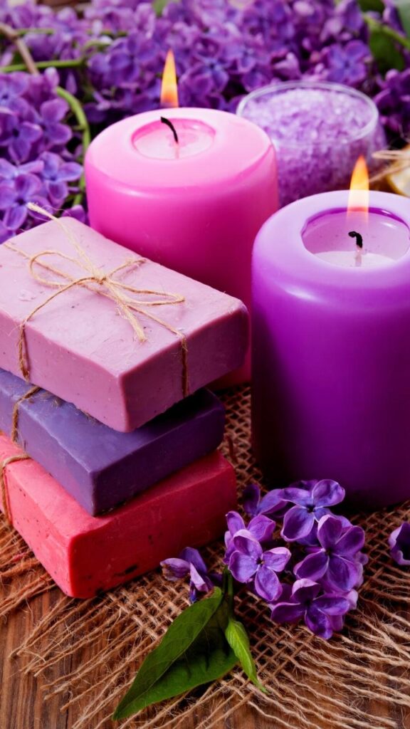 lilac handmade soap bars and lilac candles