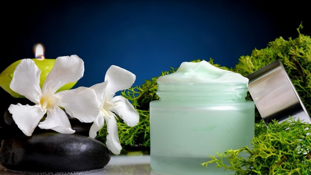 jar of algae skin cream beside seaweed and white flower