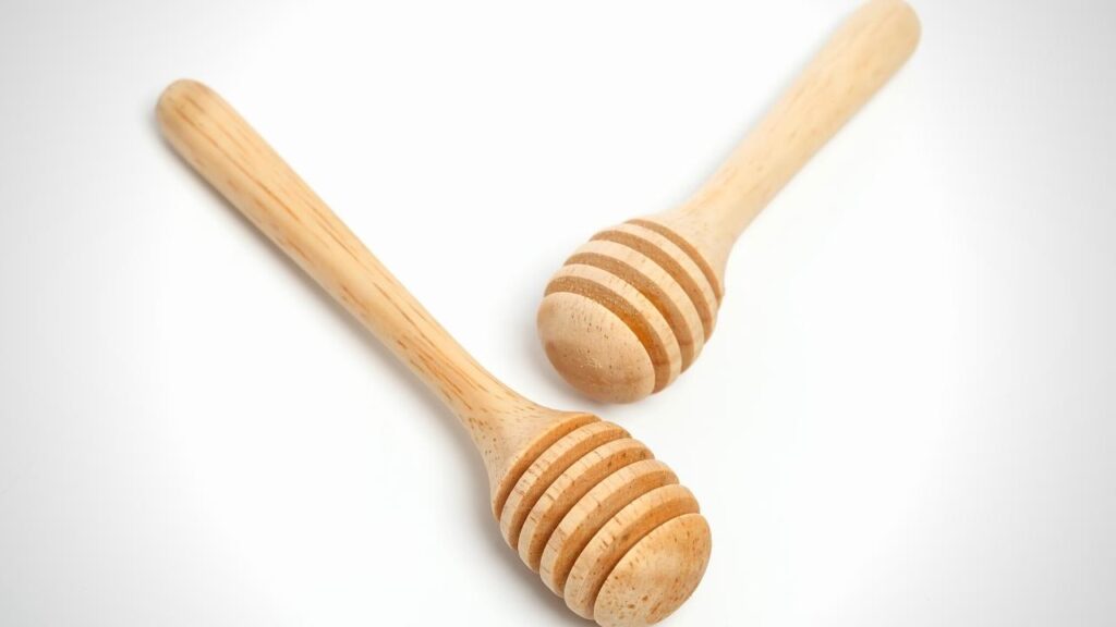 two bamboo honey dippers on white background