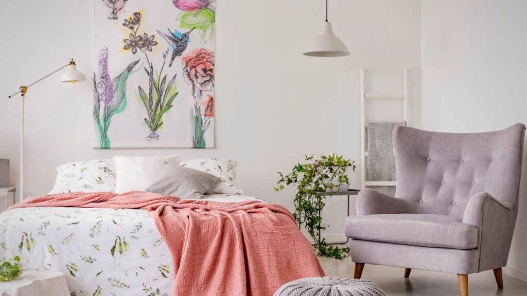 Nordic style bedroom with flower artwork on wall