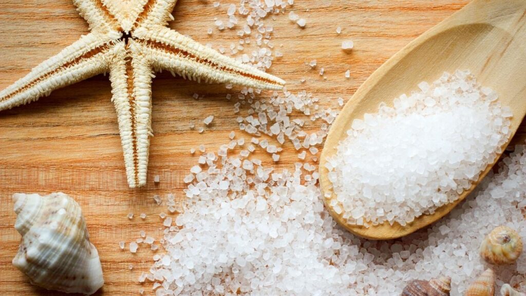 wooden spoon of sea salt with shells and starfish