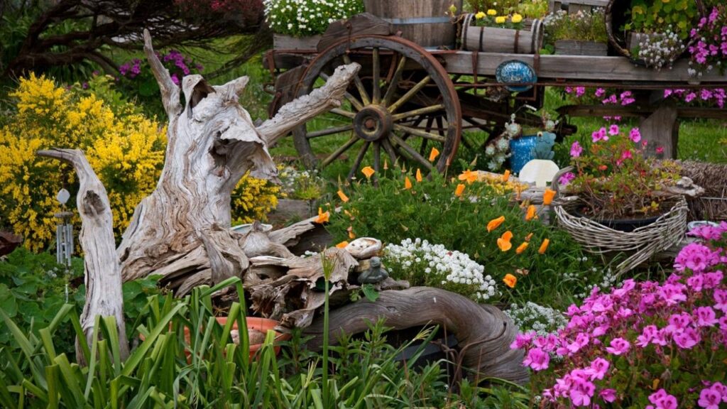 driftwood and flowers beside cart