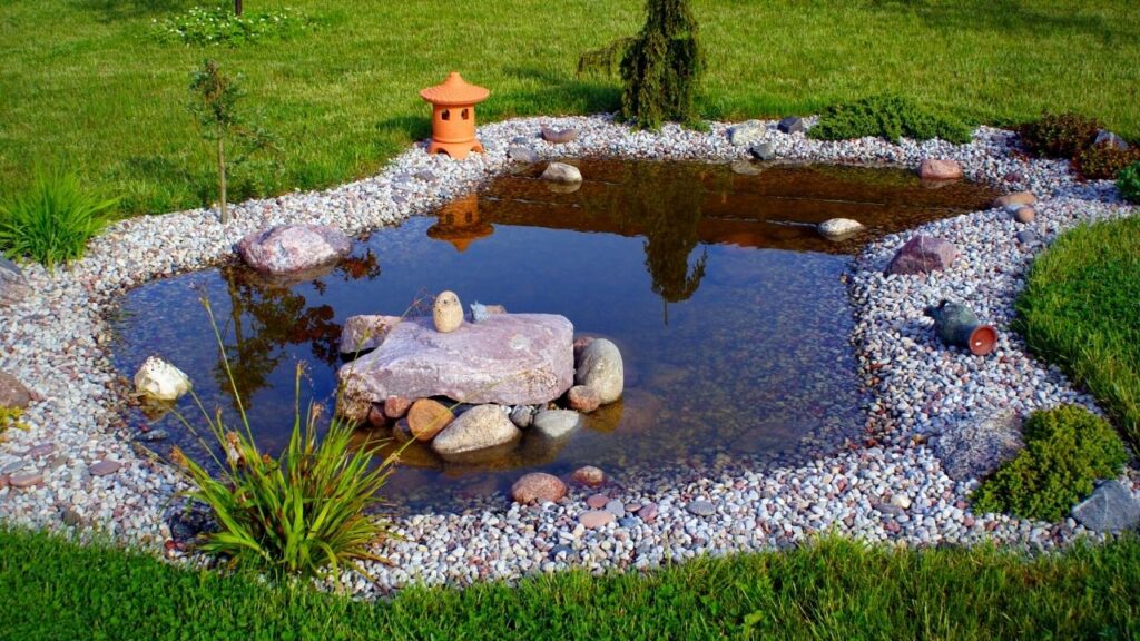 garden pond surrounded by beach pebbles