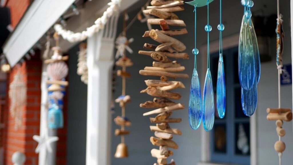 shells and other nautical items hanging up on balcony