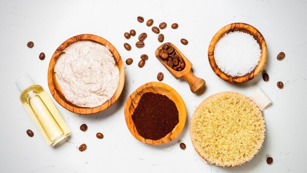 bowls of ingredients for making coffee skin products