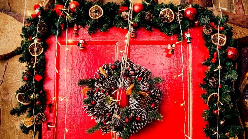 Christmas wreath on red door