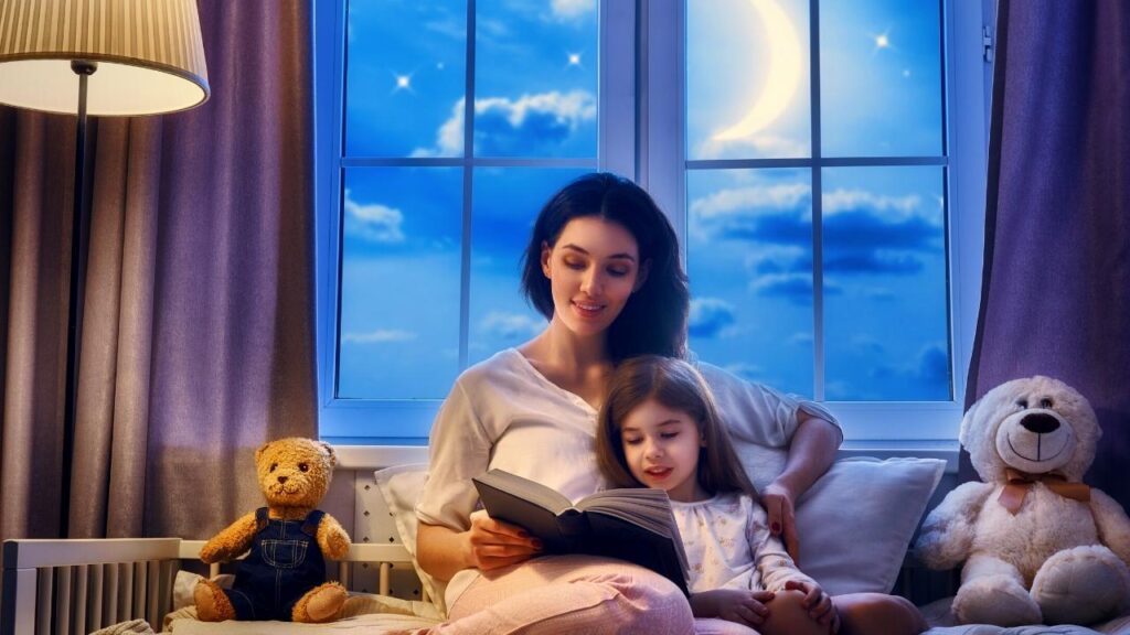 mother reading to daughter at bedtime