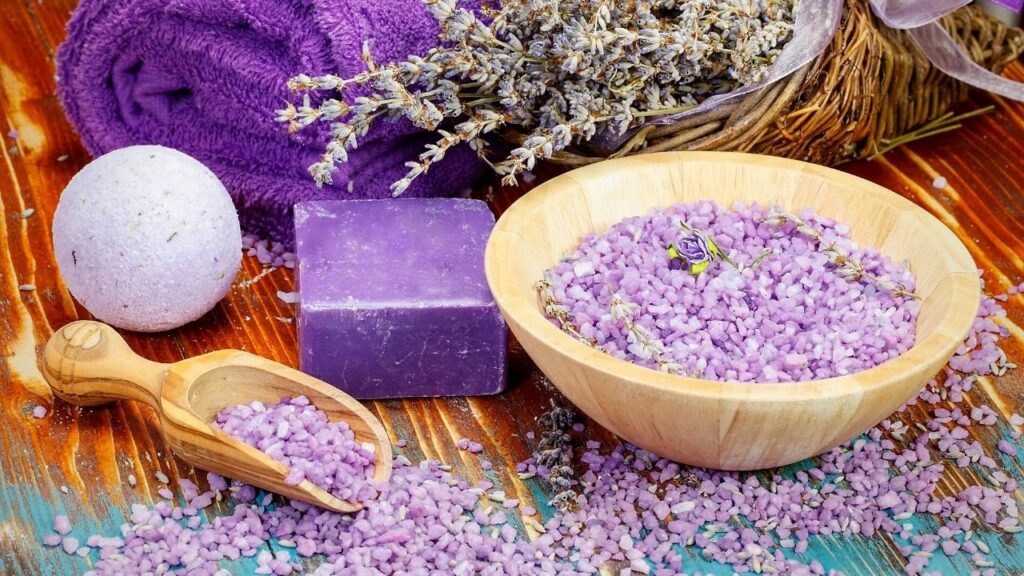 lilac epsom salts, lavender and soap