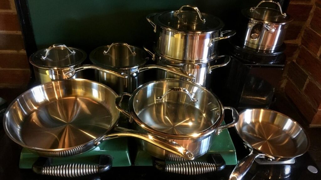 stainless steel pots and pans on stove top