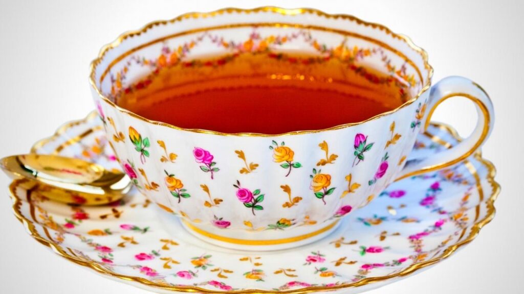 rooibos tea in a floral china cup with saucer