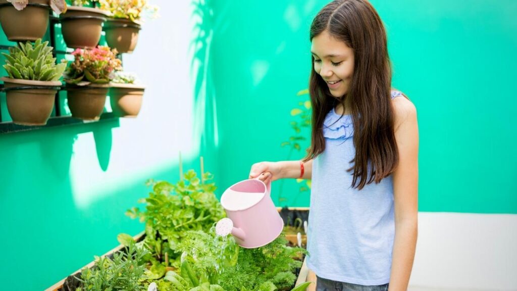 young girl watering herbs with pink can