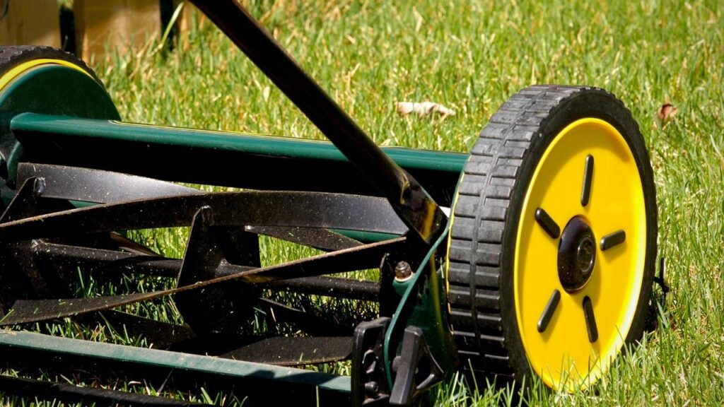 close up of green push mower