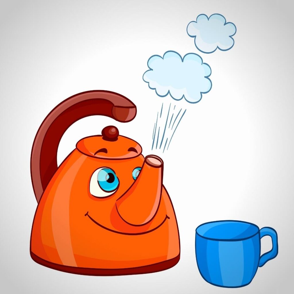cartoon of kettle with face beside blue cup