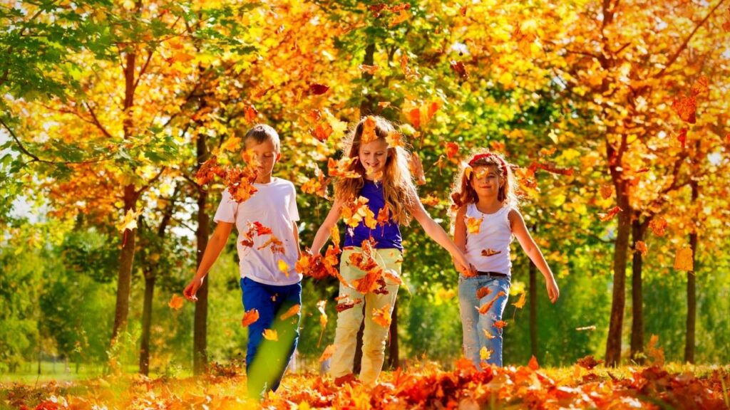 three children playing in autumn leaves