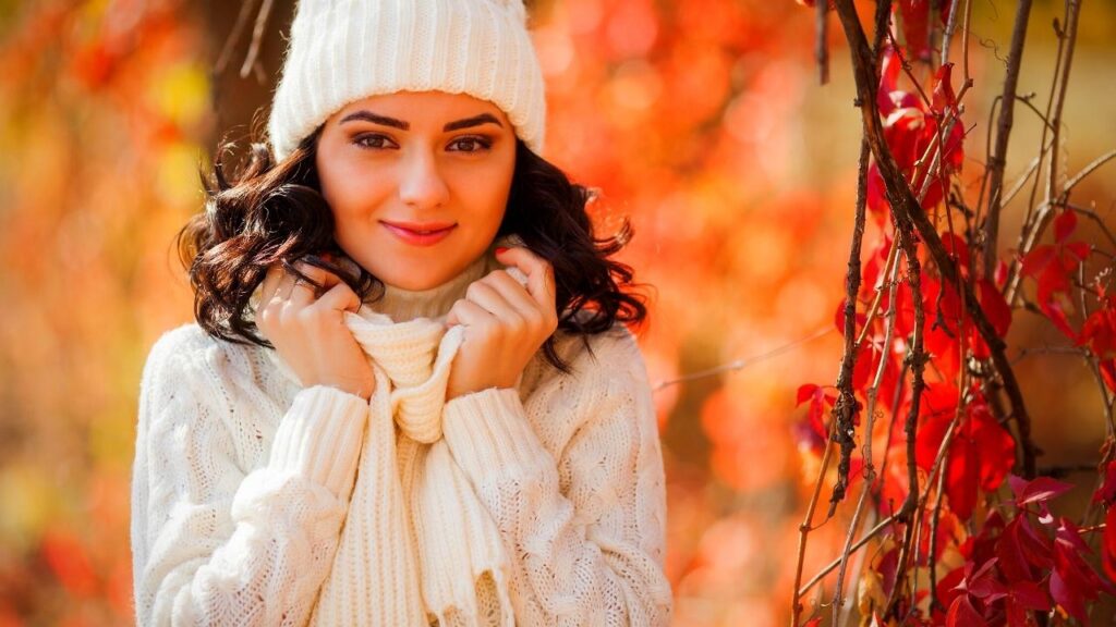 woman with white knitted hat, scarf and sweater