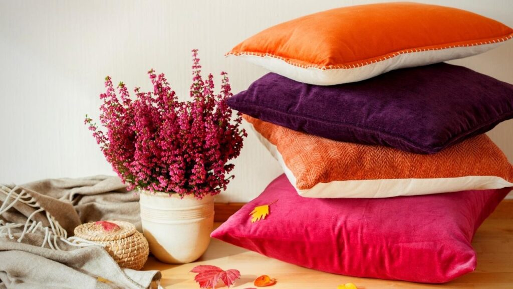 stack of autumn coloured cushions