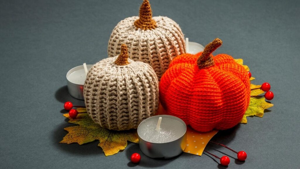 display of crocheted pumpkins