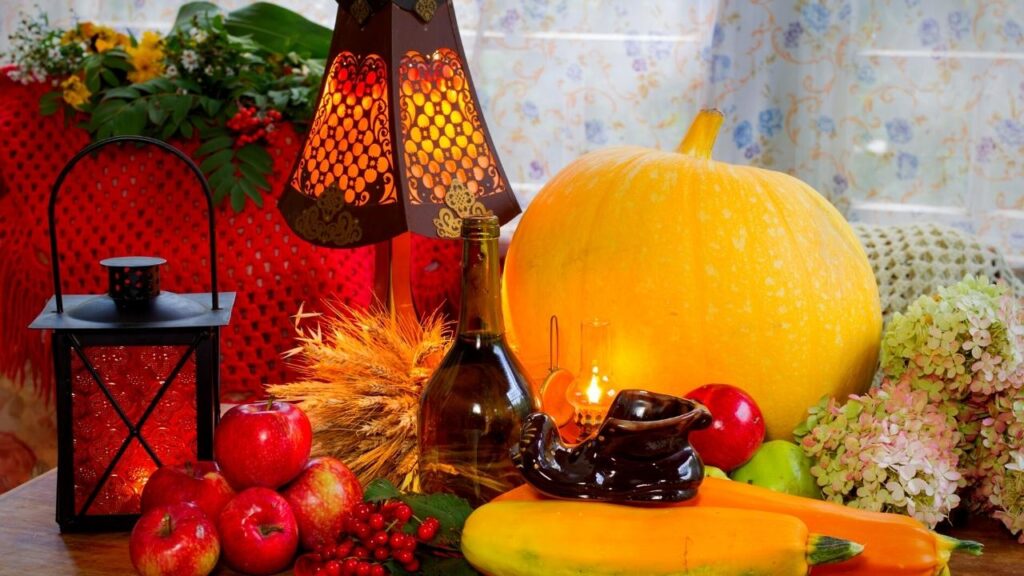 display of pumpkin and berries on table