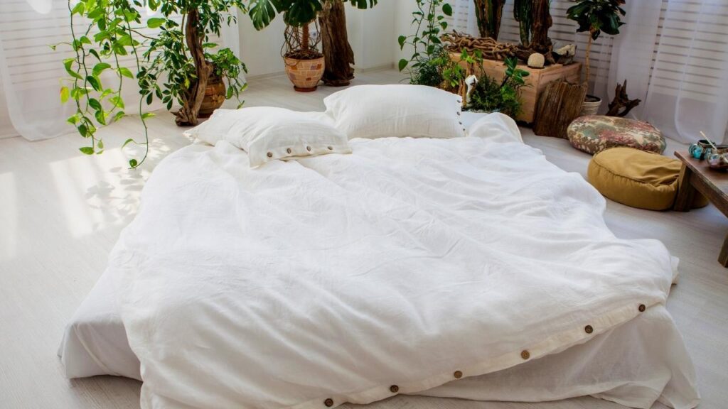 green plants around white bed