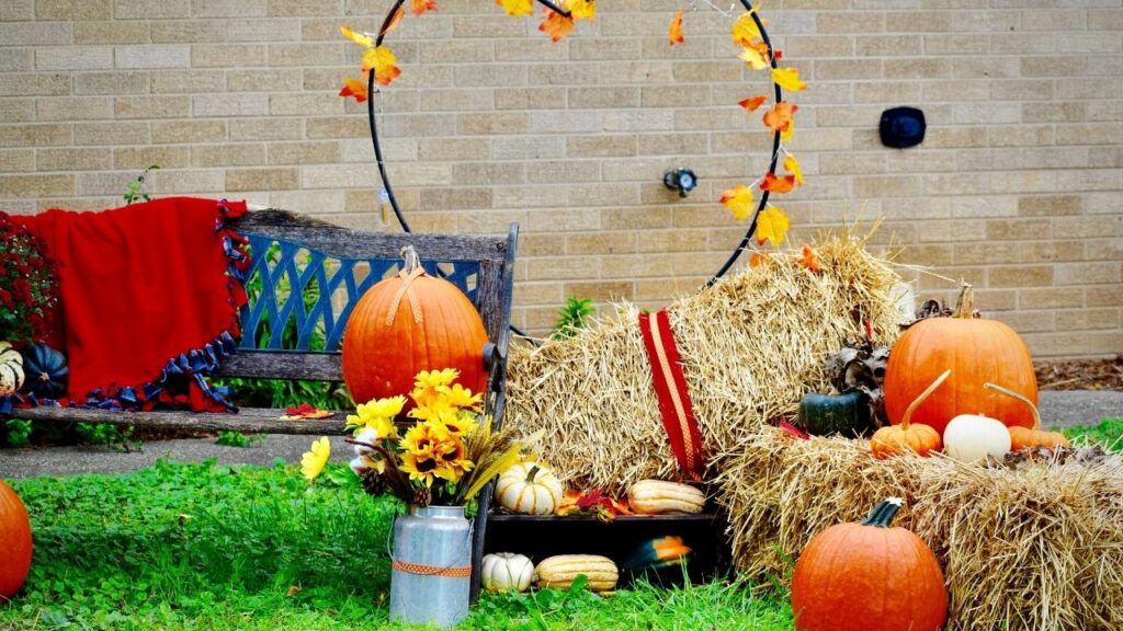 straw bale and pumpkins harvest concept