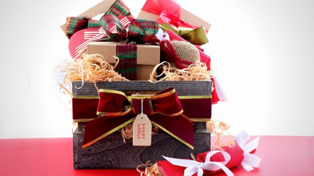 gifts tied with ribbon in box