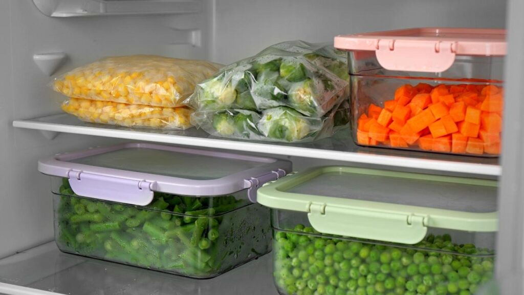 boxes of frozen veg in freezer