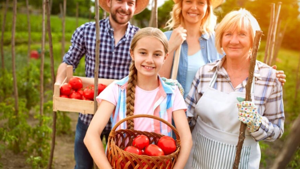 family with own grown food