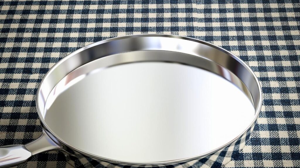 stainless steel frying pan on checked cloth