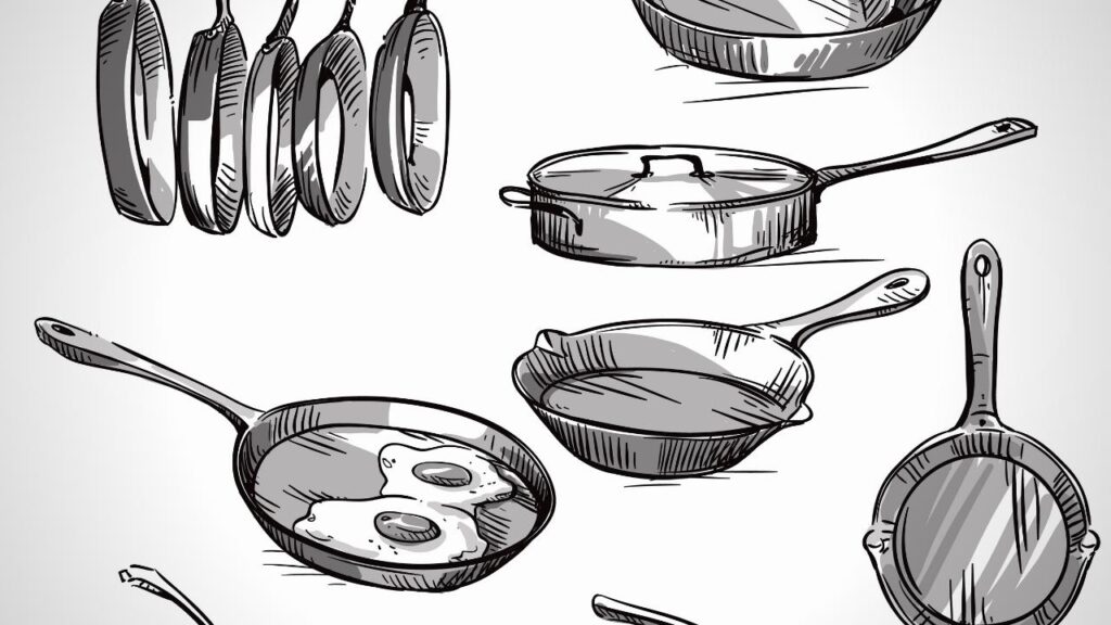 image drawings of various frying pans