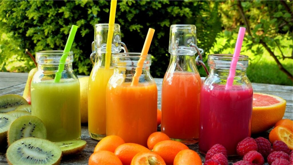 homemade juices in glass bottles